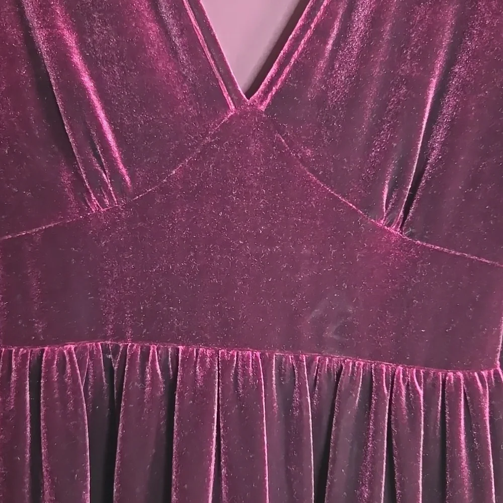Halara-Wine velvet V neck long sleeved dress with ruffled bottom Sz S. NWT.